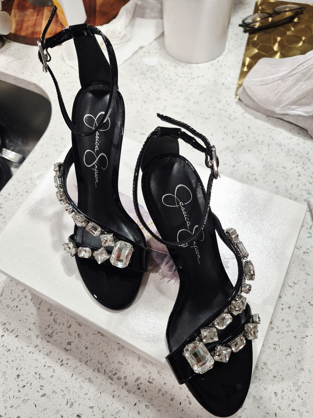 Jessica Simpson Black Jeweled Ankle-Strap Sandals Size 6